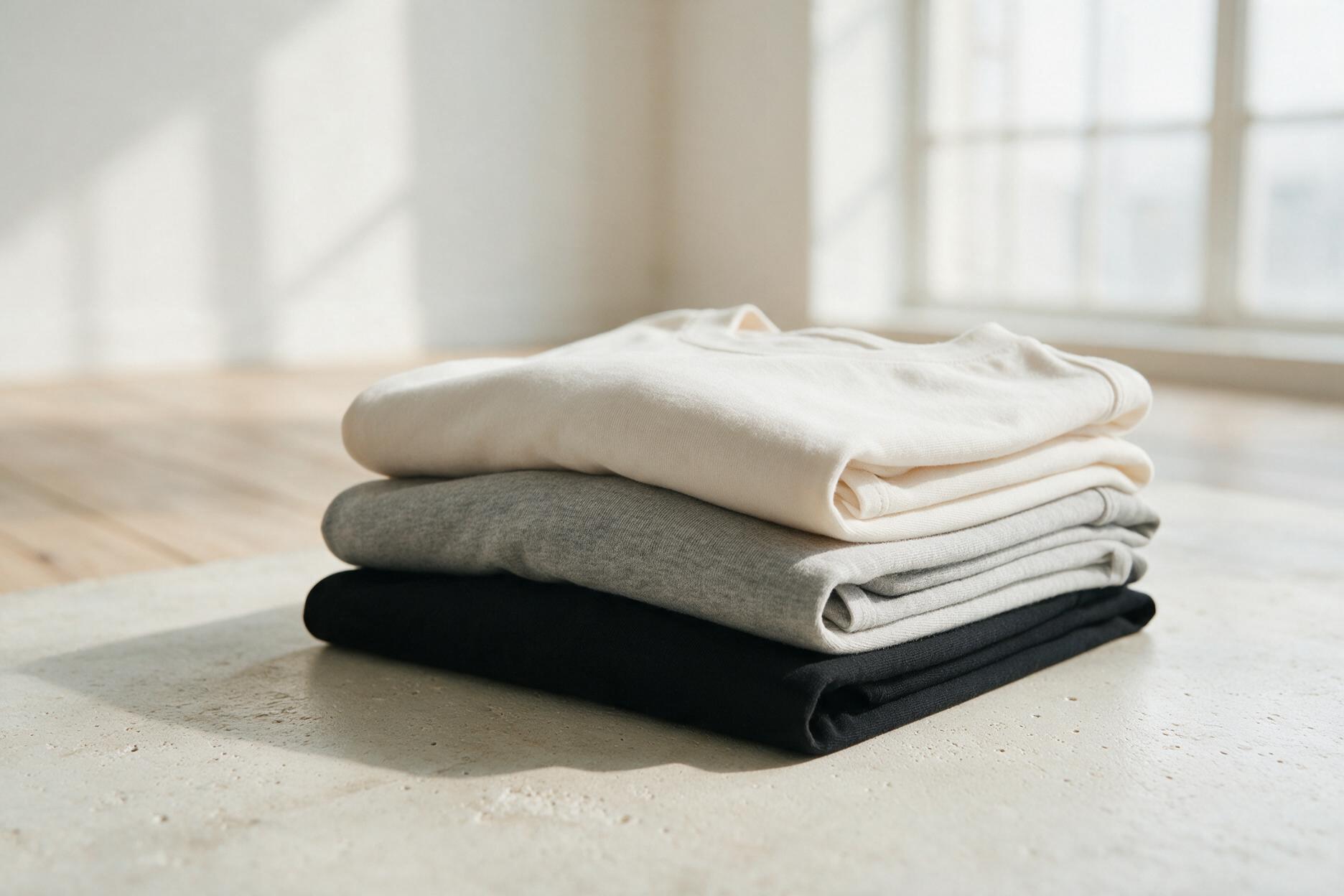 A stack of folded plain cotton t-shirts in off-white, heather grey and black on a pale stone surface